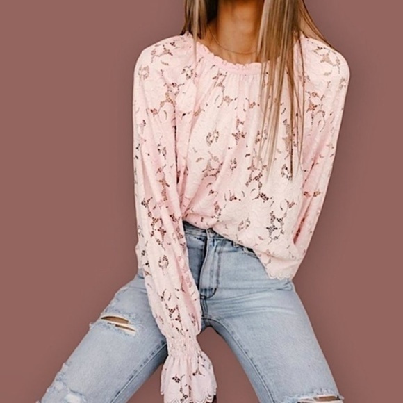 Free People Olivia Sherbet Pink Balloon Sleeve Semi Sheer Lace Blouse Top Size S - Picture 1 of 16